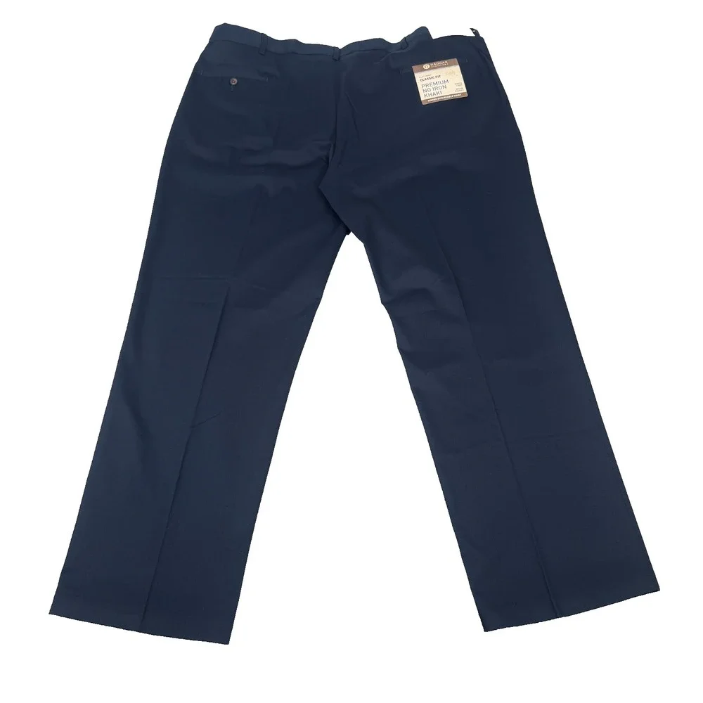 Haggar Premium No Iron Khaki Pants Mens 44x32 Navy Flat Classic Fit Stretch NWT